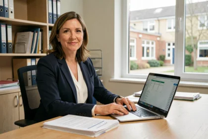 Directrice d'école utilisant un logiciel de gestion scolaire sur ordinateur portable dans son bureau administratif