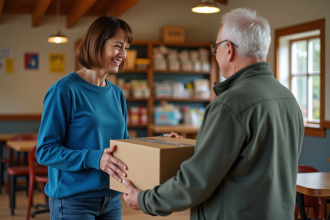 Femme aidant un homme age a donner de la nourriture