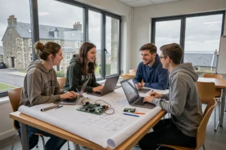 Étudiants en ingénierie en Bretagne travaillant ensemble sur des projets techniques dans une université moderne