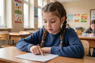 Élève de CE2 lisant à voix haute une fiche de lecture posée sur son bureau en bois dans une salle de classe