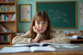 Jeune fille de 9 ans pensive en classe avec livres