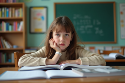 Jeune fille de 9 ans pensive en classe avec livres
