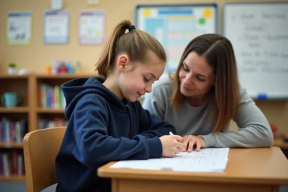 Élève en ULIS collège travaillant avec une orthophoniste dans une salle de classe spécialisée