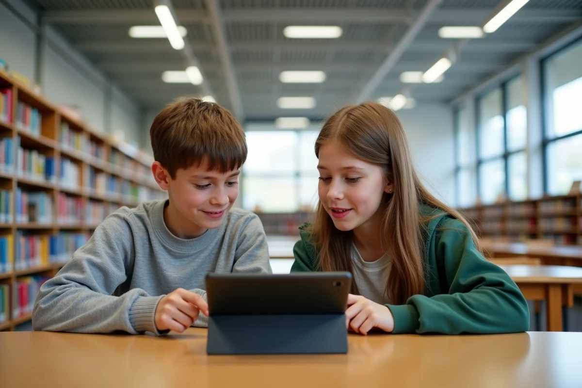 Deux collégiens consultant ensemble un manuel numérique sur tablette dans une bibliothèque scolaire, ENT Touraine
