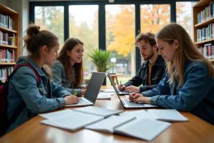 Groupe d'élèves du lycée Jean Moulin de Vincennes travaillant ensemble dans une bibliothèque scolaire moderne