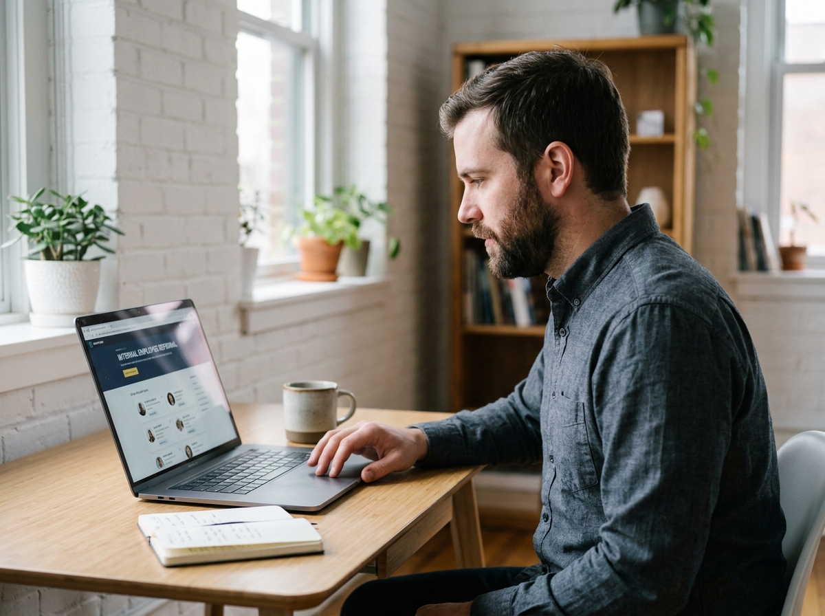 Employé consultant un portail de cooptation en ligne sur ordinateur portable dans un espace de travail calme et moderne
