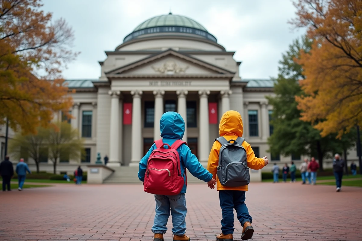 Deux enfants devant la façade emblématique du MIT à Cambridge, Boston