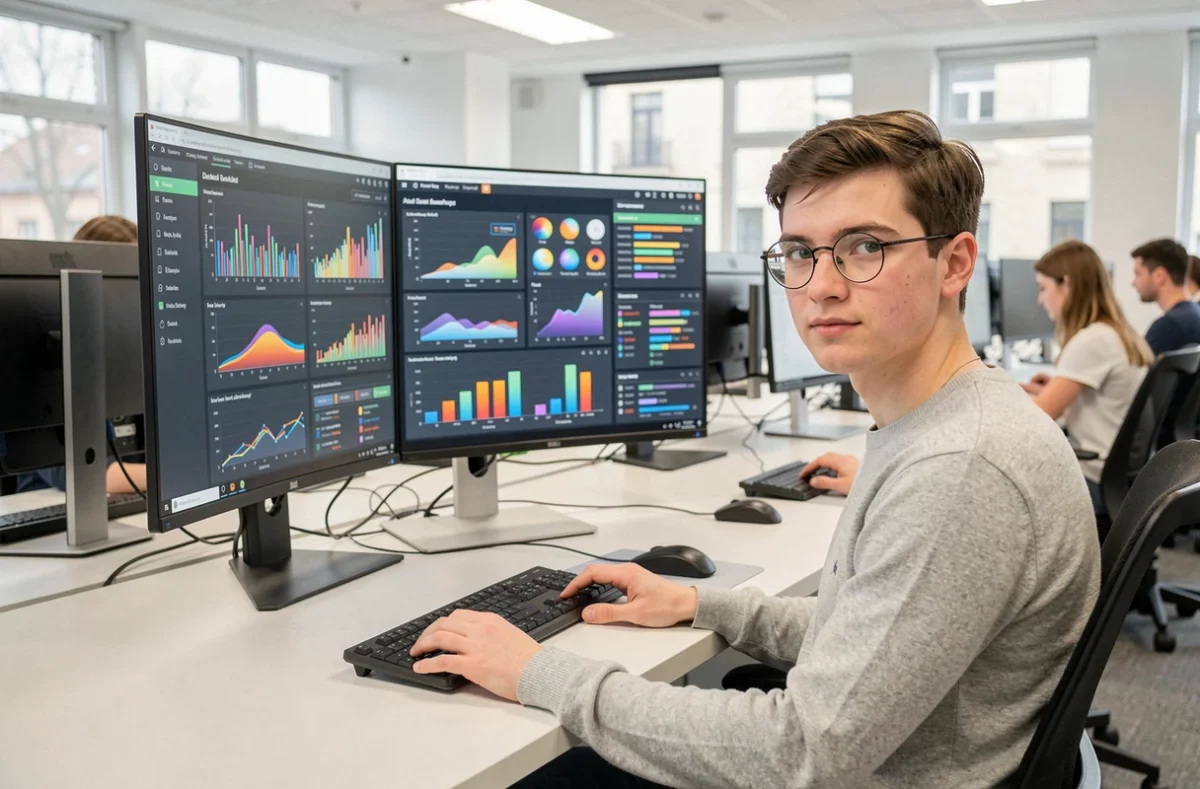 Étudiant de l'ENSAI analysant des visualisations statistiques et des tableaux de bord de données à Rennes