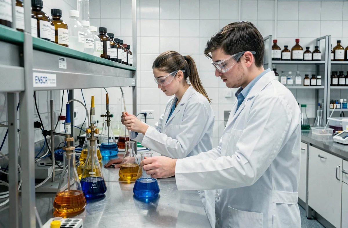 Étudiants en chimie réalisant une synthèse chimique dans un laboratoire de l'ENSCR à Rennes