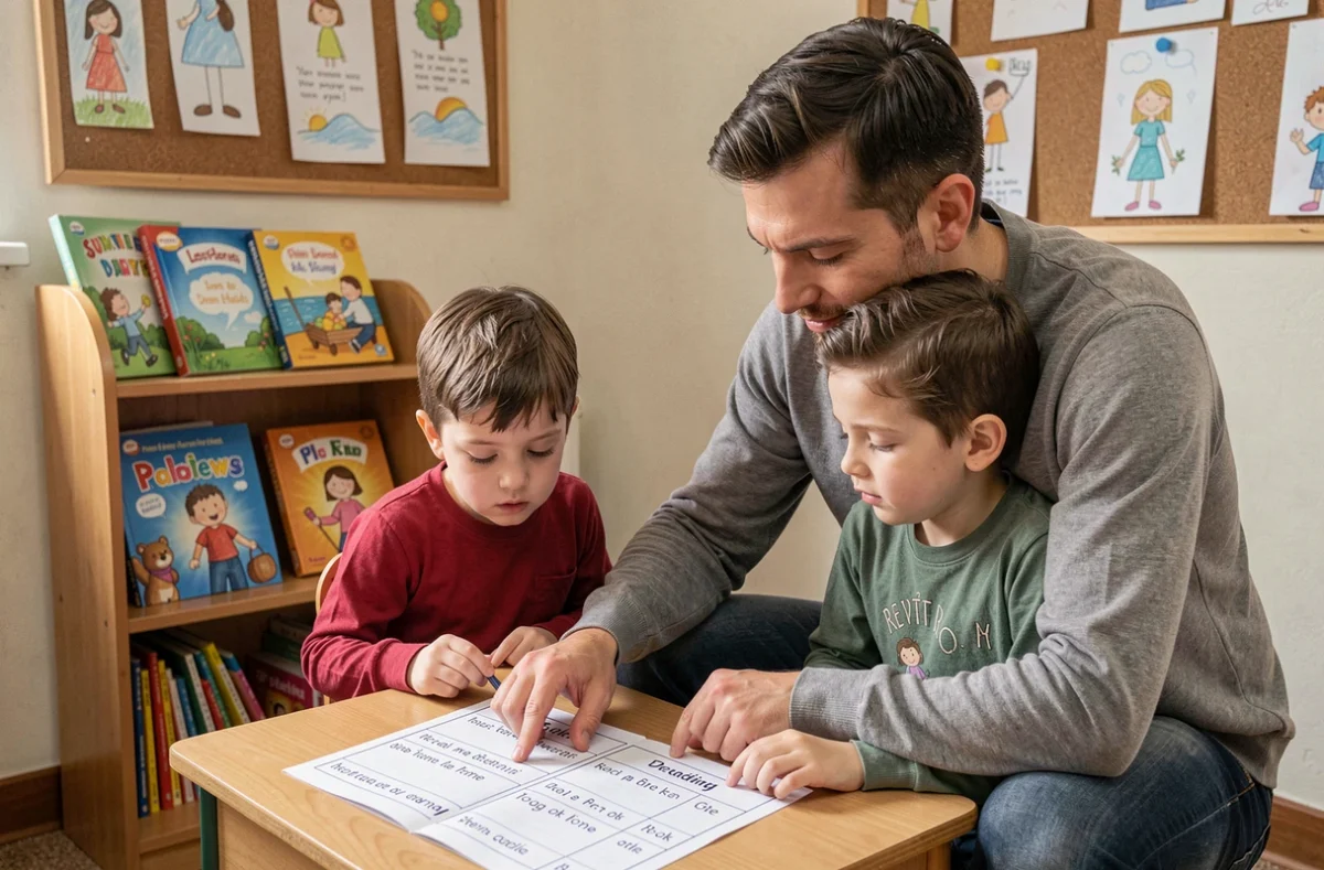 Enseignant accompagnant un élève de CE2 lors d'un exercice de lecture orale avec une fiche de compréhension