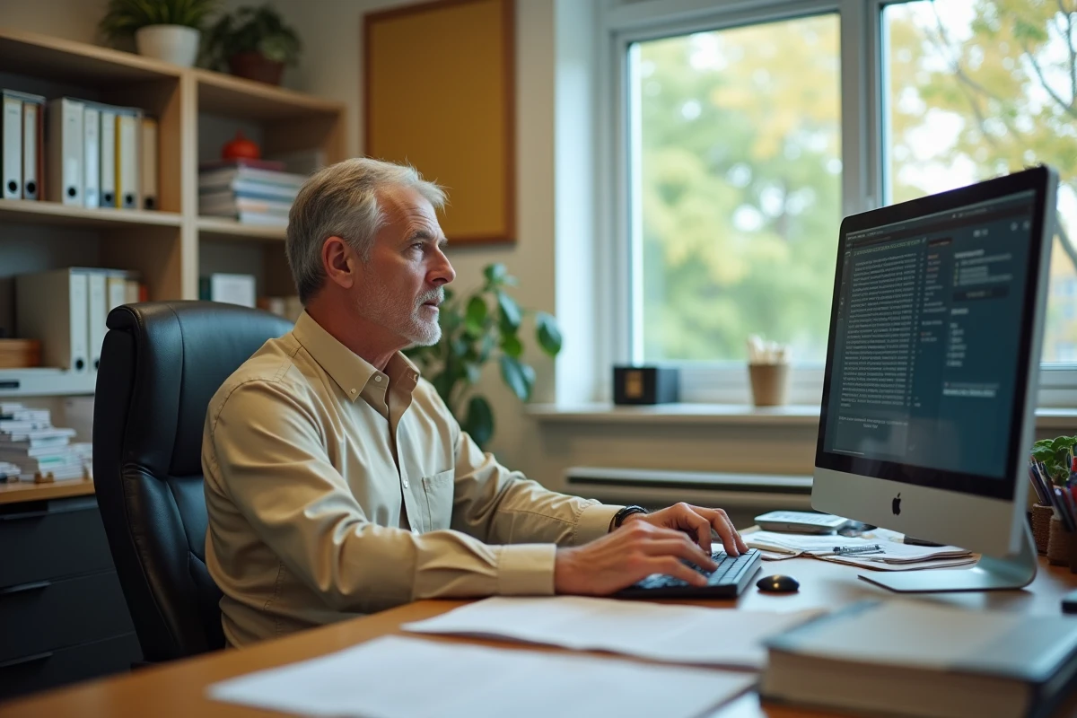 Professeur au bureau scolaire examinant des dossiers
