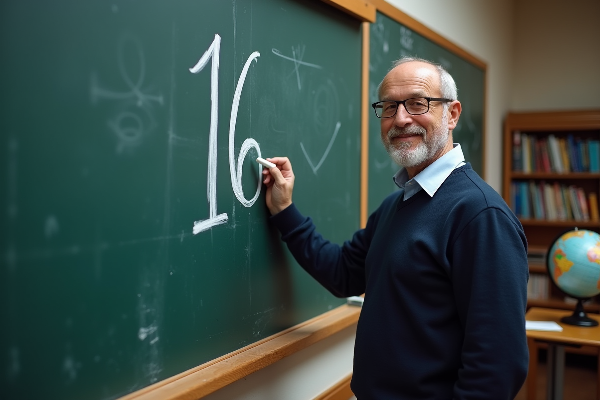 Enseignant écrivant le chiffre 16 au tableau dans une classe