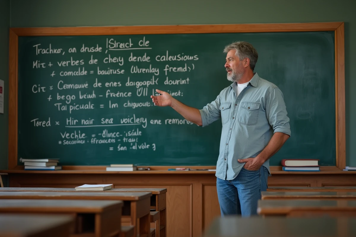 Professeur expliquant la conjugaison française devant un tableau