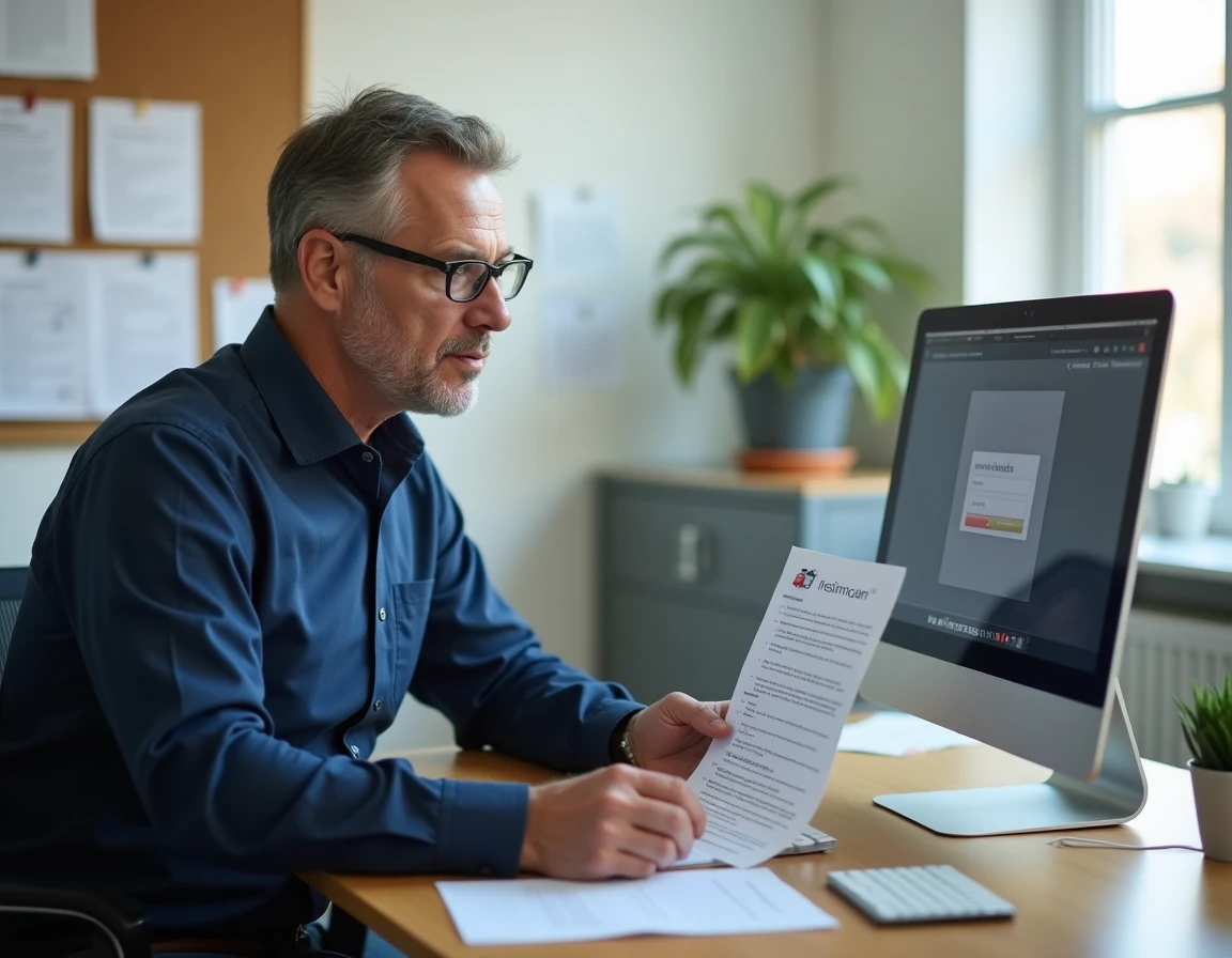 Enseignant consultant un guide de dépannage étape par étape pour résoudre un problème de connexion au portail PIA de l'Académie de Grenoble dans une salle administrative scolaire
