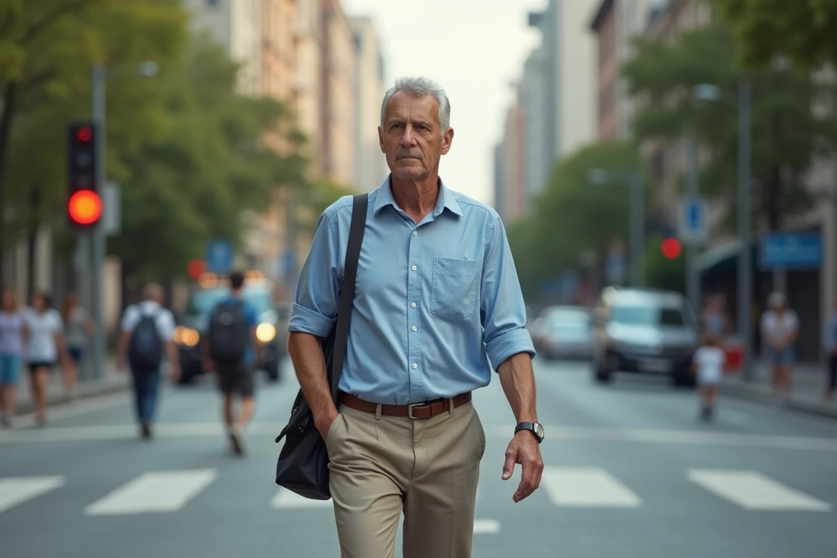 Professeur marche dans une rue urbaine après l
