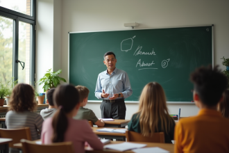 Professeur devant tableau dans salle moderne lumineuse