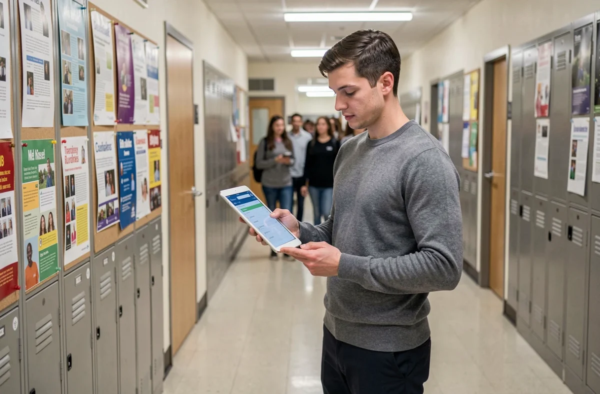 Enseignant consultant une application de gestion scolaire sur tablette dans un couloir d'établissement scolaire