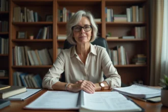 Enseignante d'âge mûr consultant ses documents de carrière et son ancienneté professeur des écoles à son bureau