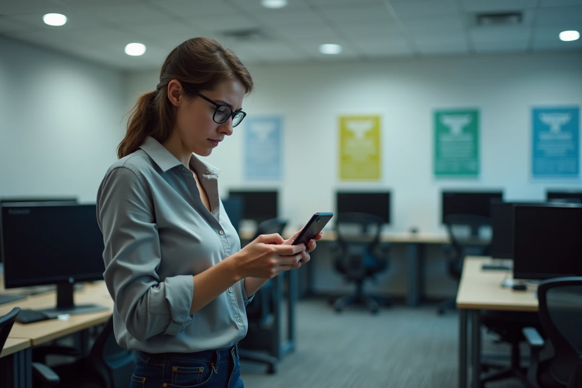 Enseignante vérifiant son smartphone dans un laboratoire informatique