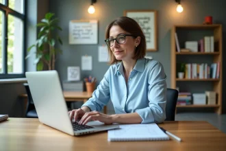 Femme en blouse bleue au bureau scolaire moderne