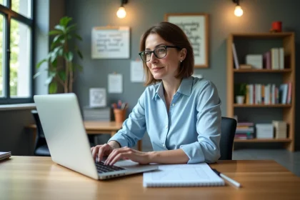 Femme en blouse bleue au bureau scolaire moderne