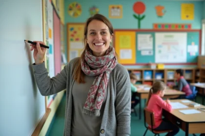 Enseignante dans une classe primaire colorée et organisée
