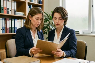 Enseignante consultant son dossier de carrière IProf dans un bureau administratif scolaire