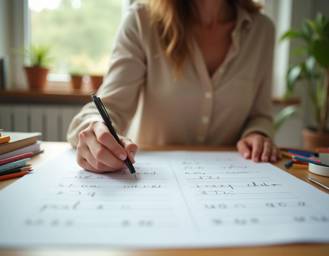 Enseignante pointant des exercices d'écriture sur une feuille seyes à gros carreaux posée sur un bureau