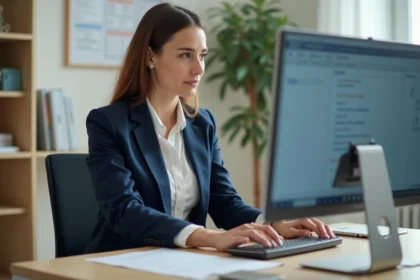 Enseignante consultant l'intranet AC Amiens sur son ordinateur de bureau pour suivre ses affectations