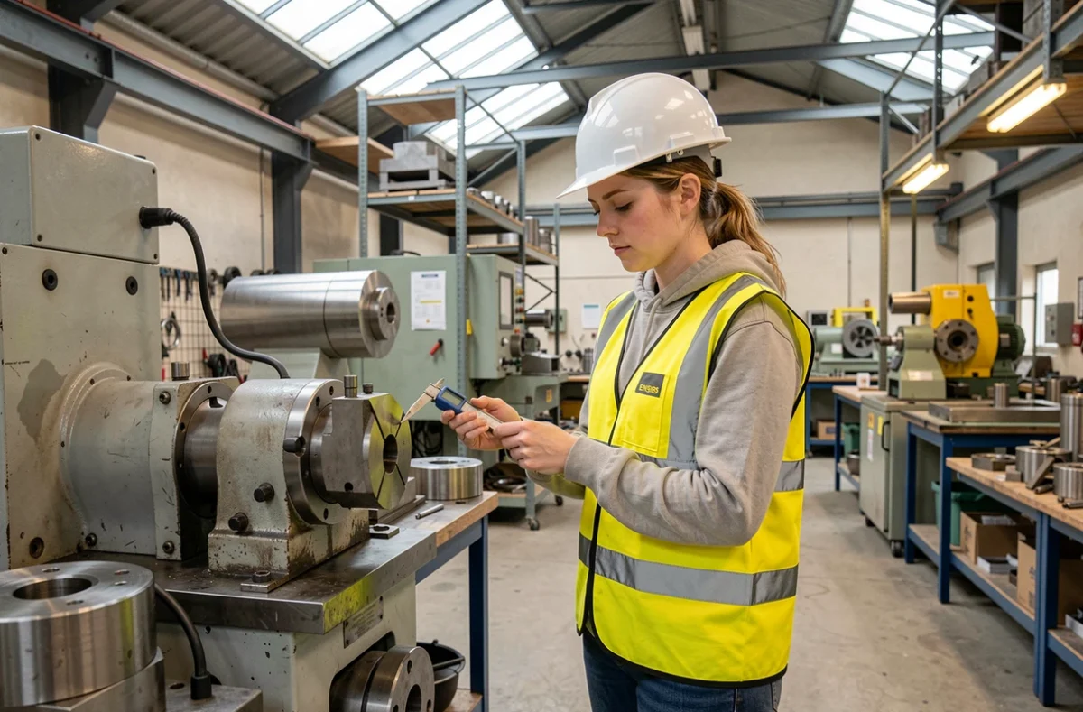 Étudiante de l'ENSIBS en atelier industriel inspectant une pièce usinée avec un pied à coulisse en Bretagne Sud