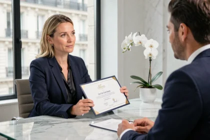 Candidate présentant son certificat LVMH lors d'un entretien dans une maison de luxe parisienne