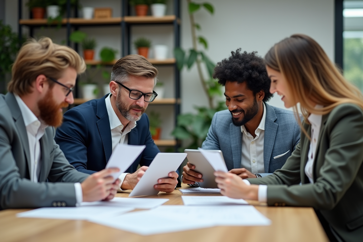 Groupe de professionnels en discussion dans un bureau lumineux