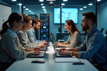 Groupe de quatre professionnels IT en réunion dans un bureau moderne
