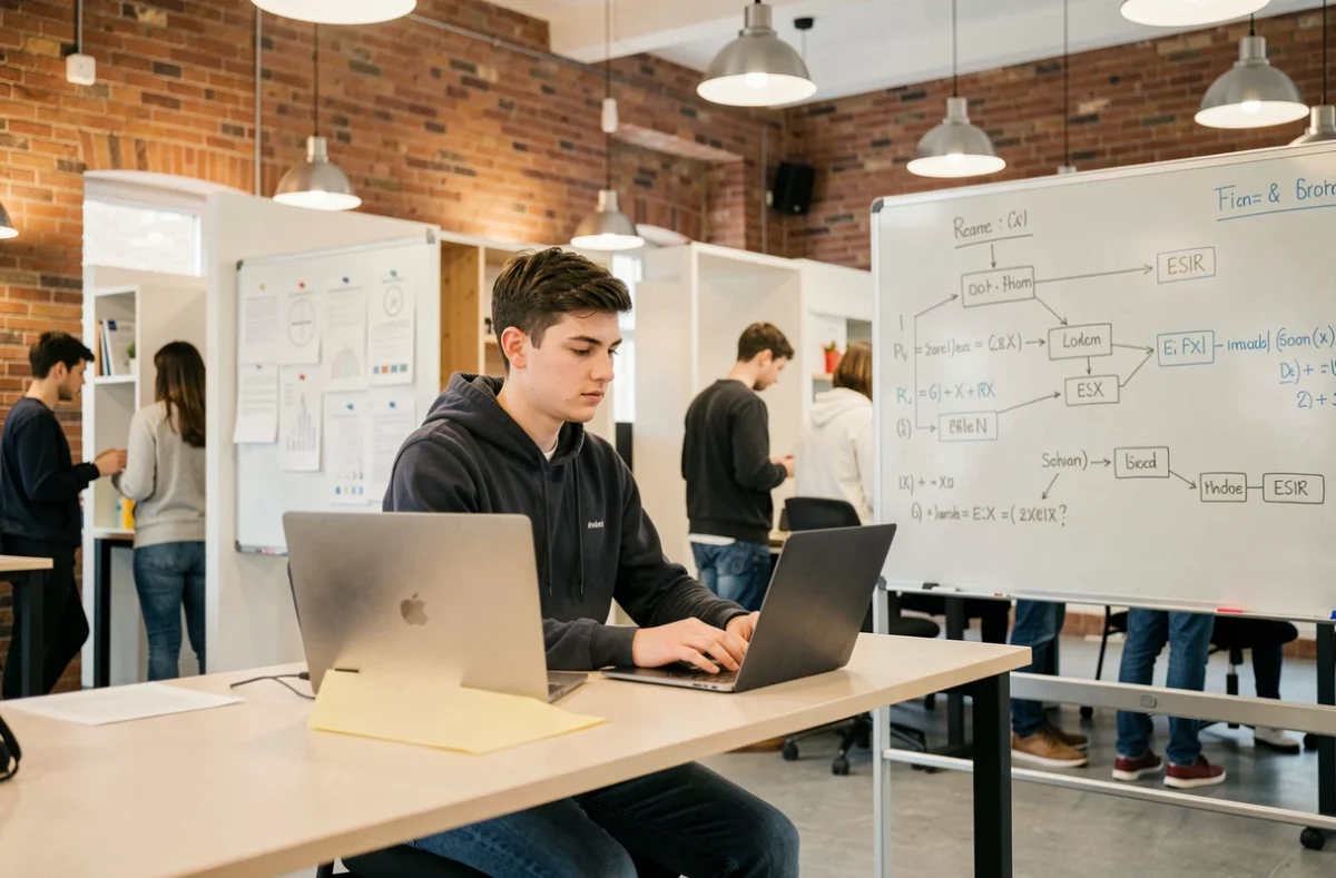 Étudiant de l'ESIR codant sur un ordinateur portable dans un espace de travail collaboratif moderne à Rennes