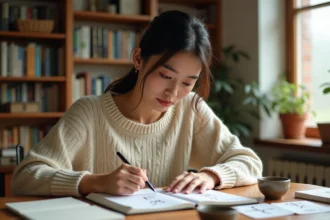 Jeune femme étudiant les caractères japonais et chinois avec des fiches et manuels sur un bureau en bois
