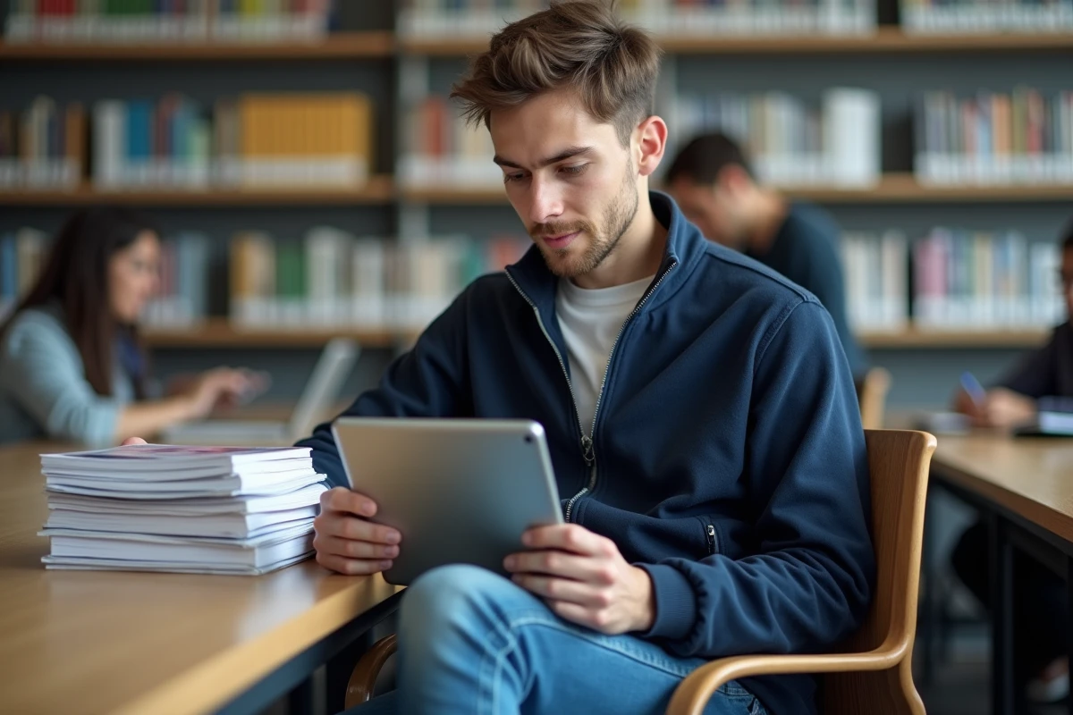 Étudiant en bibliothèque consultant des questions de permis de conduire en PDF sur feuilles imprimées et quiz sur tablette