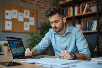 Étudiant comparant des classements d'écoles d'ingénieurs sur son bureau avec brochures et ordinateur portable