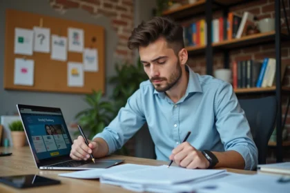 Étudiant comparant des classements d'écoles d'ingénieurs sur son bureau avec brochures et ordinateur portable
