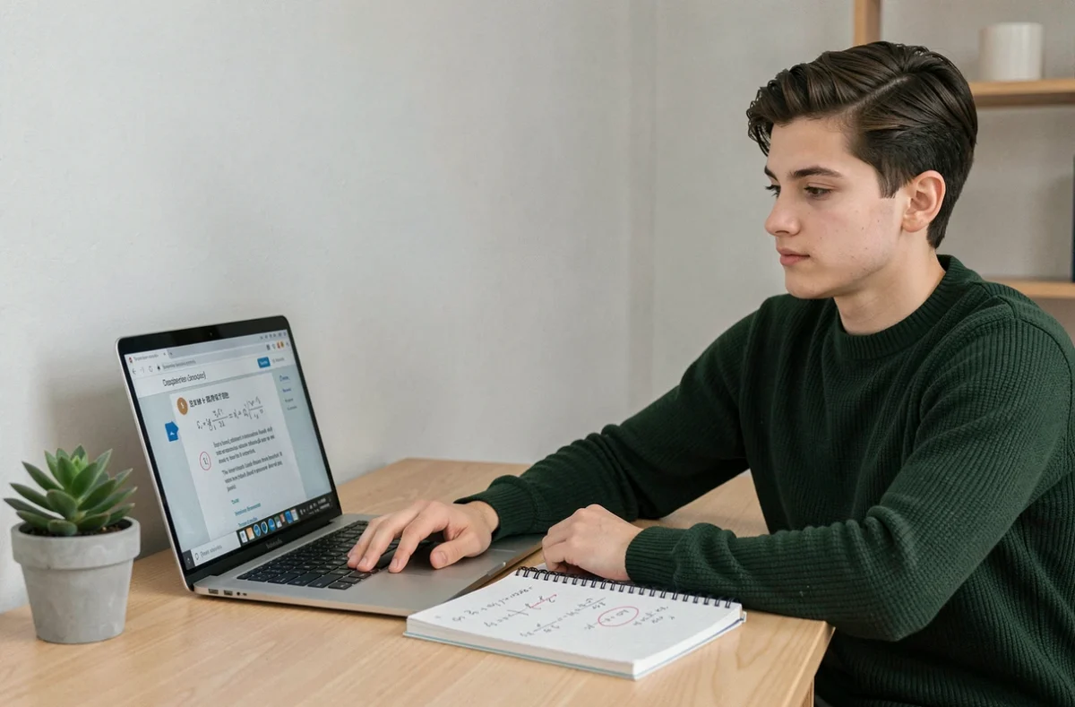 Jeune étudiant travaillant sur les équivalents mathématiques avec un ordinateur portable et un cahier de notes manuscrites à domicile