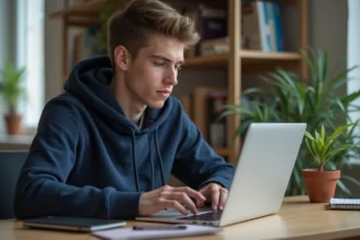 Jeune étudiant concentré sur son ordinateur dans son appartement