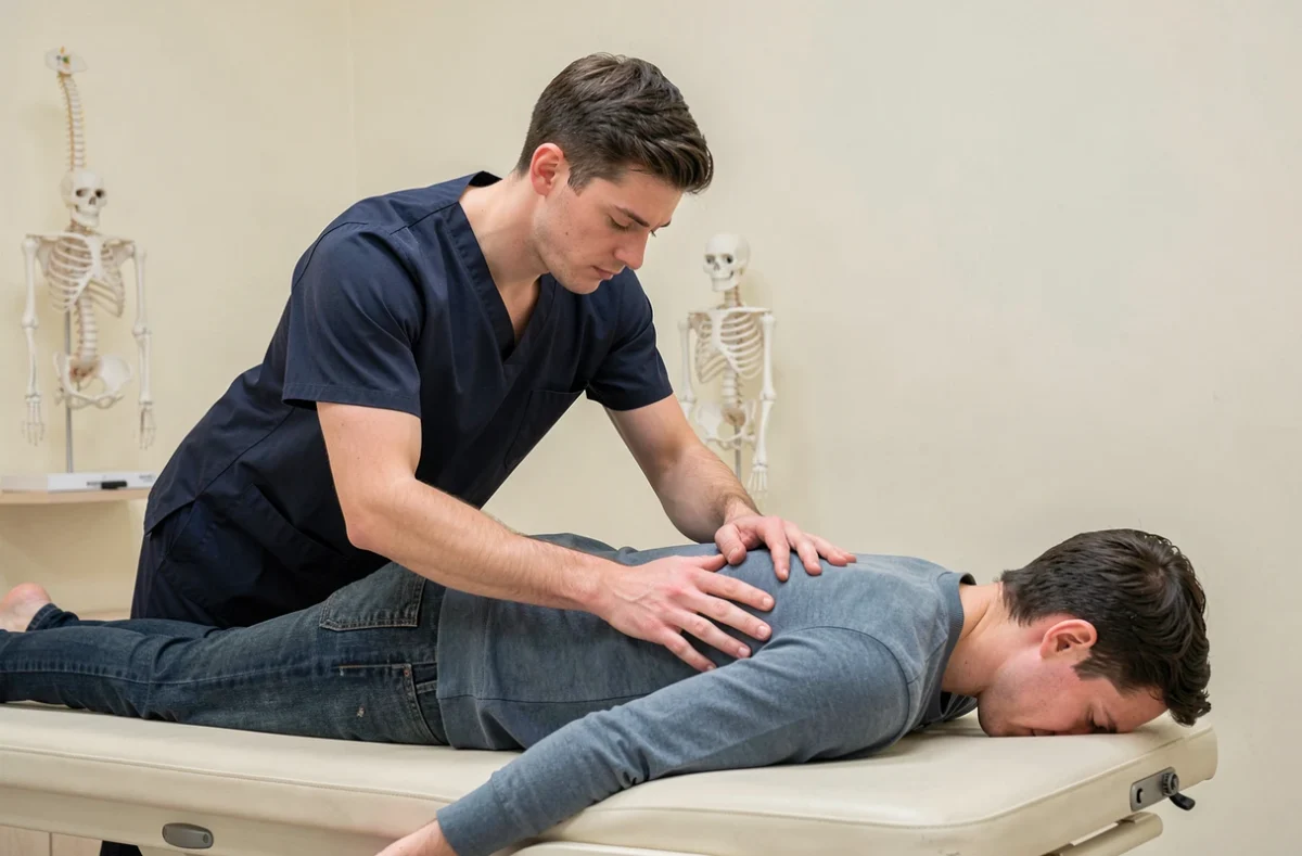 Étudiant en ostéopathie pratiquant une technique de palpation dorsale en salle de clinique