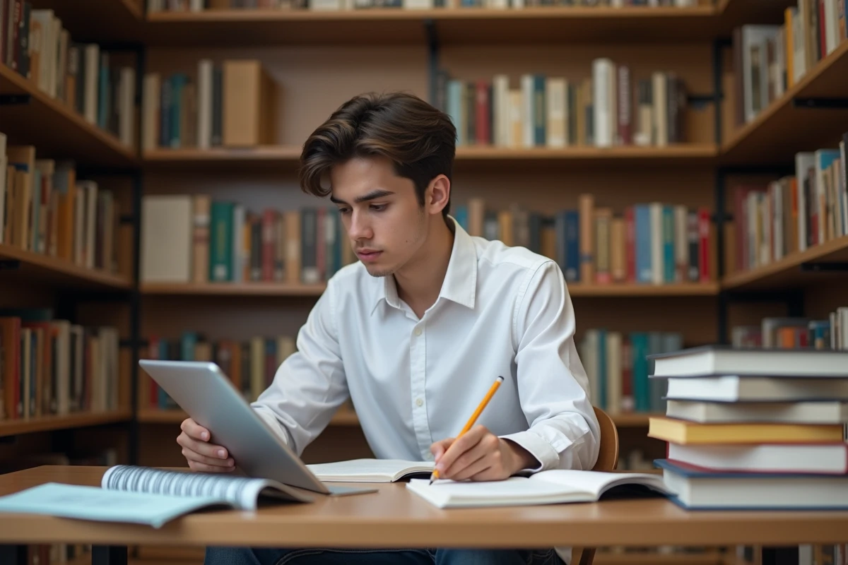 Étudiant lycéen prenant des notes sur la conjugaison du passé simple espagnol tener dans une bibliothèque scolaire