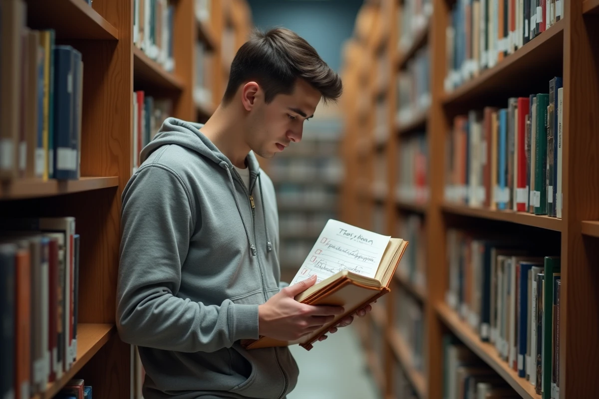 Étudiant en prépa vérifiant sa check-list de rentrée dans une bibliothèque universitaire entouré de manuels scolaires