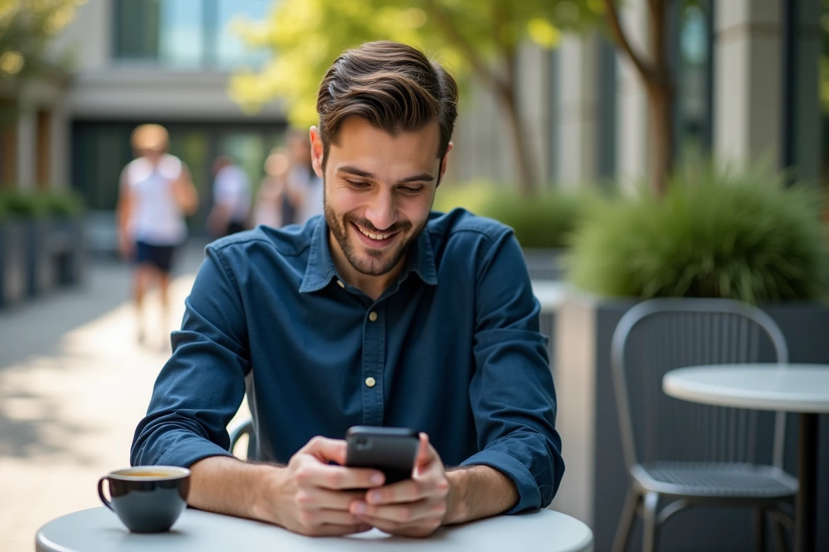 Étudiant consultant les services MyGEMA sur son smartphone en terrasse du campus universitaire