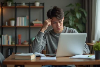 Jeune étudiant universitaire concentré sur son ordinateur