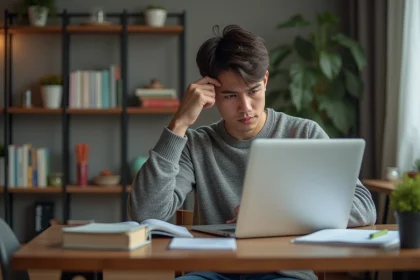 Jeune étudiant universitaire concentré sur son ordinateur