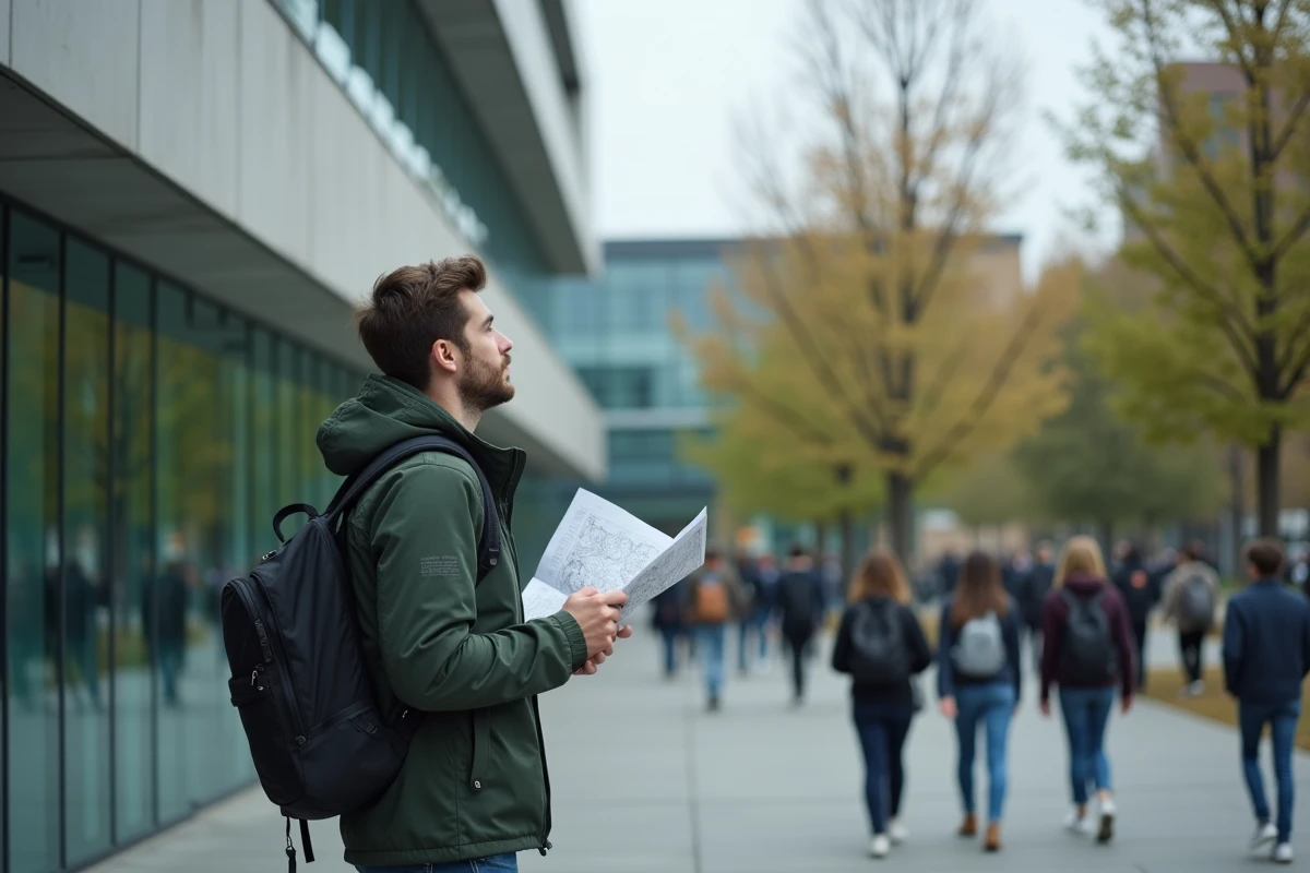 Étudiant visitant le campus d'une grande école d'ingénieurs pour évaluer prestige et formation proposée