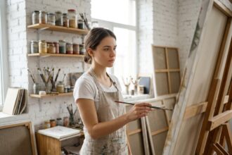 Étudiante en arts appliqués travaillant sur une toile dans un atelier universitaire après le bac