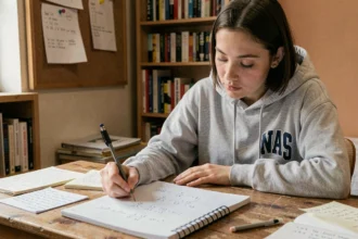 Étudiante calculant la conversion d'une note sur 25 en note sur 20 dans un carnet de notes manuscrit