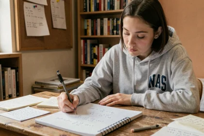 Étudiante calculant la conversion d'une note sur 25 en note sur 20 dans un carnet de notes manuscrit